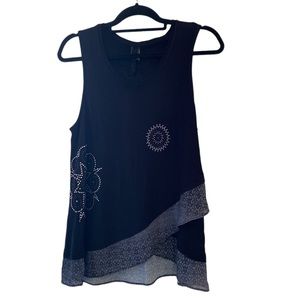Desigual Embellished Layered Silver/Green Tank Top Sz XL Sleeveless Shirt Black